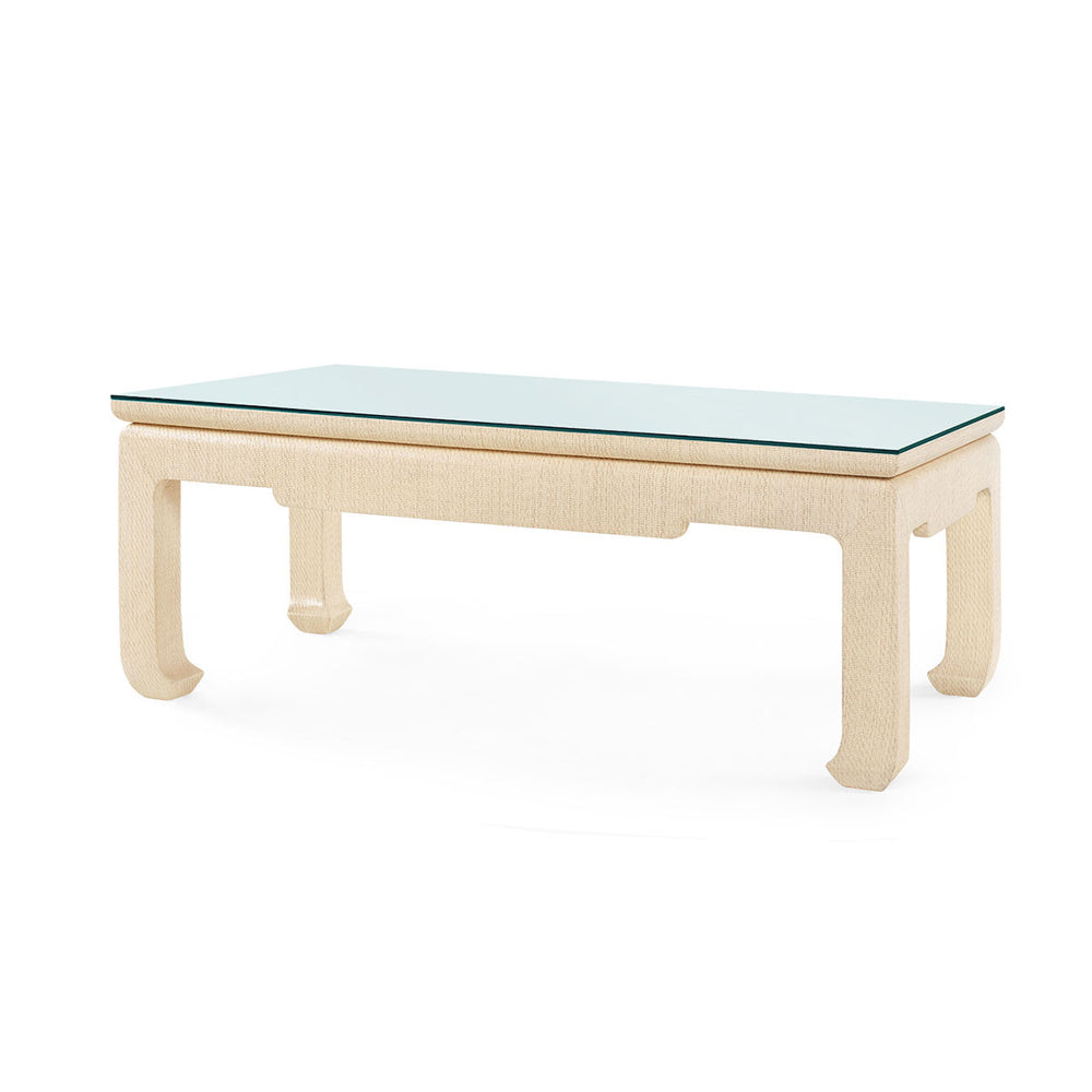 Bethany Large Rectangular Coffee Table with Glass Top, Natural Twill-Blue Hand Home