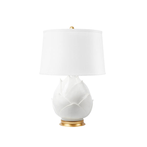 Budding Lamp with Shade 17-inch White Linen, with Gold, Blanc de Chine
