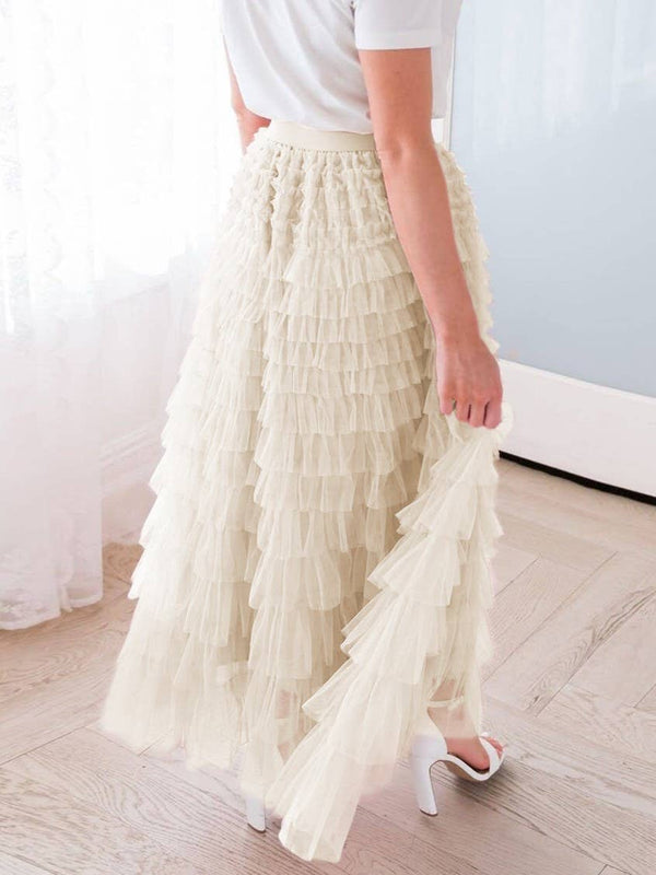 Elastic waist ruffle tulle maxi skirt-Blue Hand Home