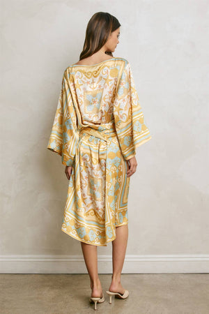 Conversational Scarf Satin Sash Kaftan Dress-Blue Hand Home