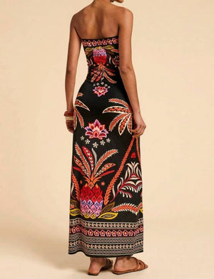 Tropical Floral Print Strapless Maxi Dress Tube Dress-Blue Hand Home
