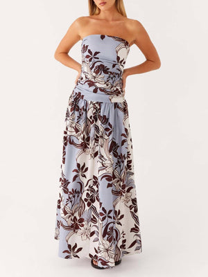 Exquisite floral & botanical strapless maxi cocktail dress-Blue Hand Home