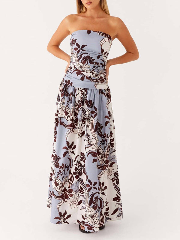Exquisite floral & botanical strapless maxi cocktail dress-Blue Hand Home