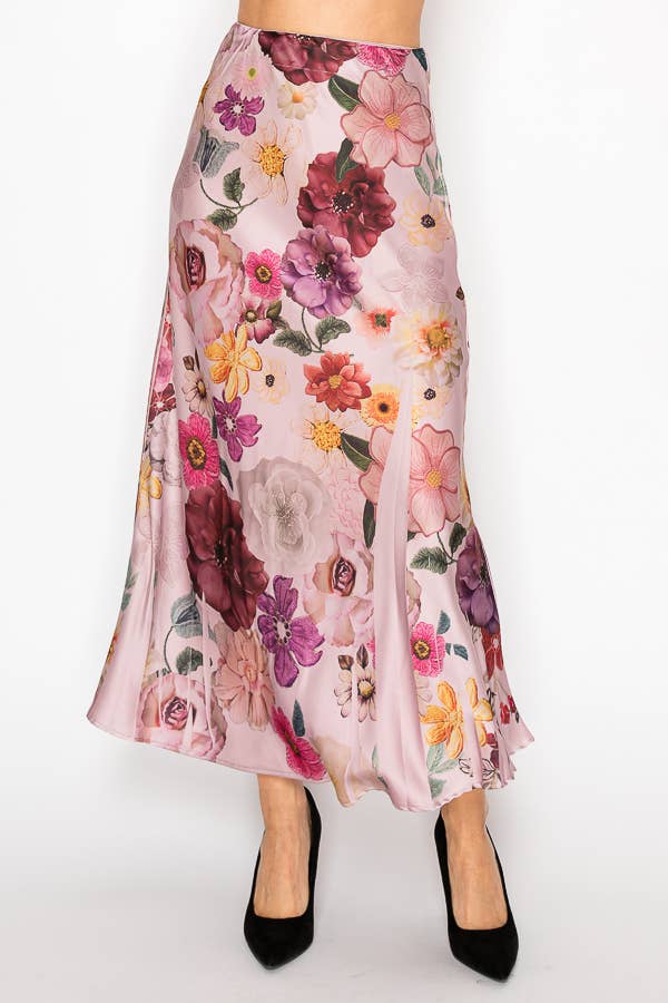 Silky Satin Midi Skirt With Effortless Flow 4893DR-PURPLE FL-Blue Hand Home