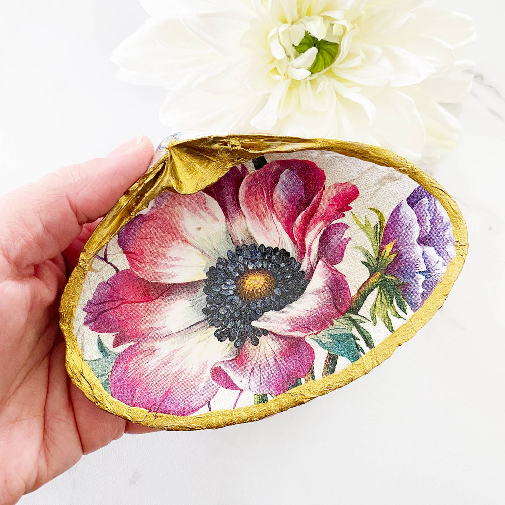 Anemone Pink Blossom Wildflower Clam Shell Trinket Dish-Blue Hand Home
