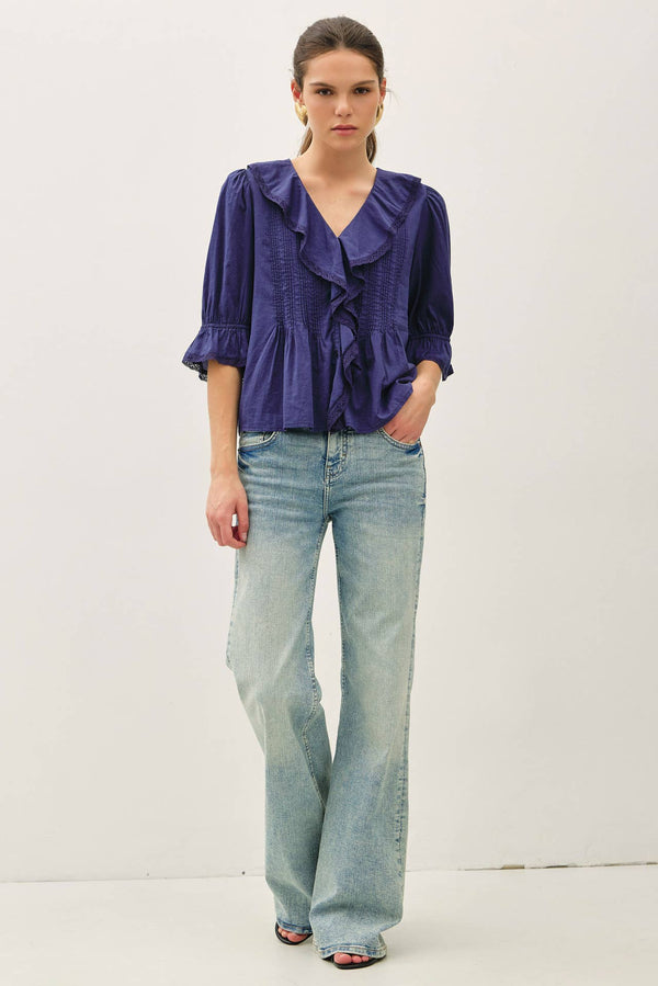 Vintage Ruffled Pintuck Blouse Top-Blue Hand Home