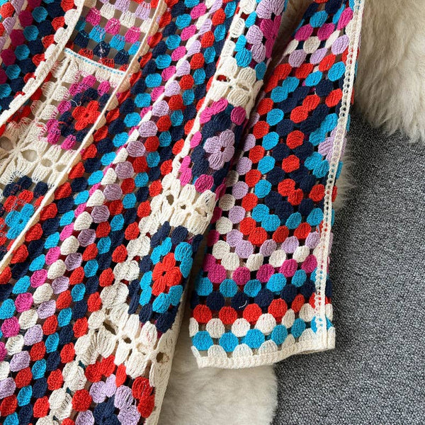 BOHO Color Blocks Crochet Cardigan long maxi cover-up-Blue Hand Home