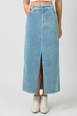 60742 Washed Front Slit Corduroy Skirt-Blue Hand Home
