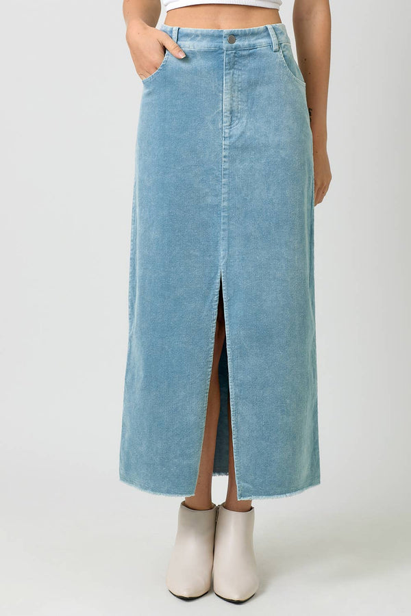 60742 Washed Front Slit Corduroy Skirt-Blue Hand Home