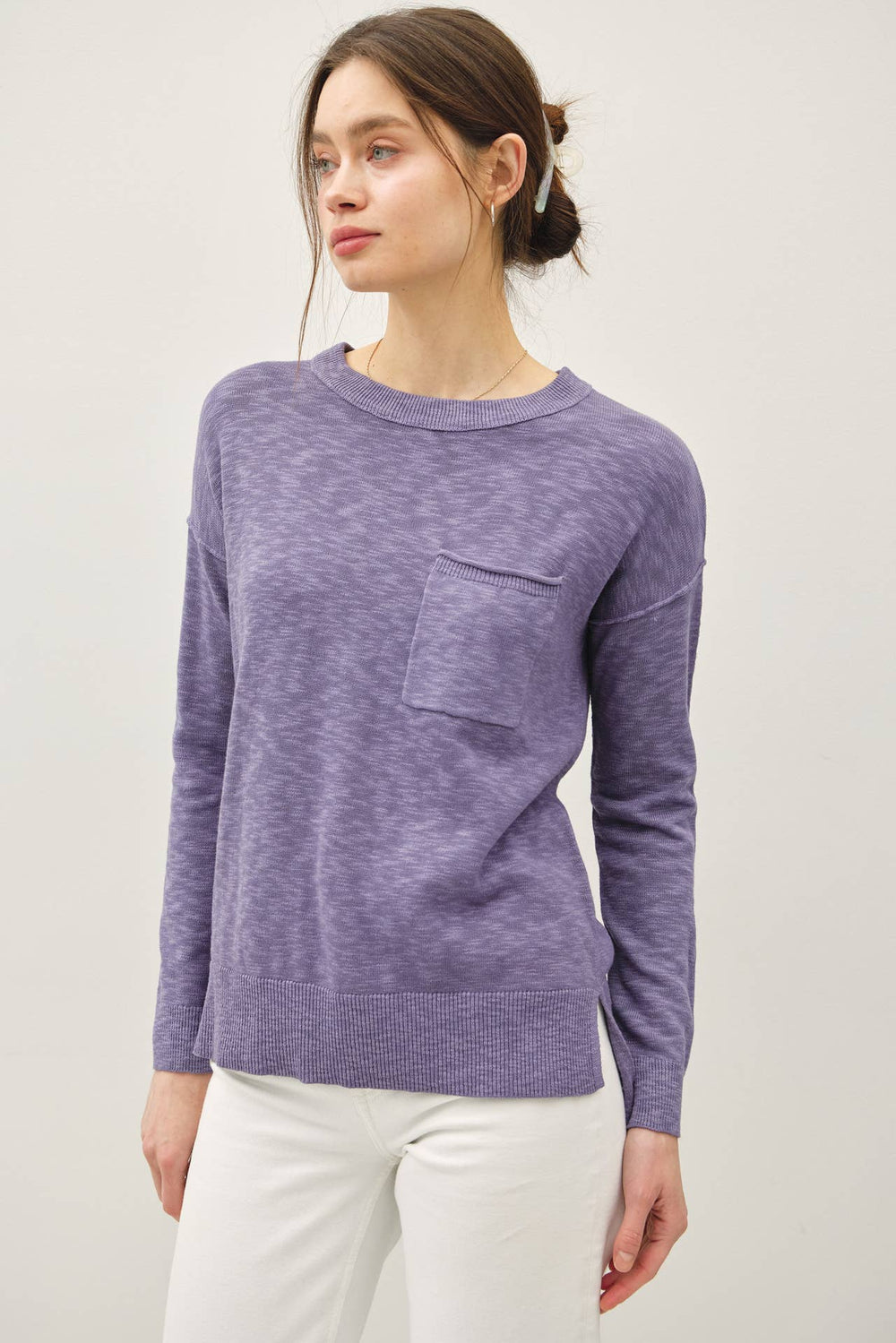 SLUB YARN ROUND NECK SWEATER WITH CHEST POCKETS-Blue Hand Home