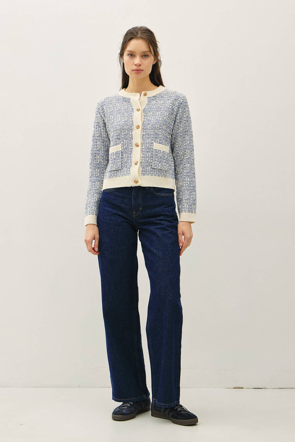 TWEED KNIT CREWNECK CARDIGAN-Blue Hand Home