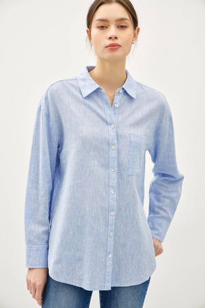 COTTON LINEN BLEND LONG SLEEVE BUTTON UP SHIRT-Blue Hand Home