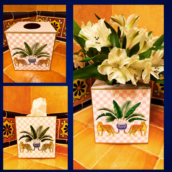 Paper Mache Kleenex box with leopards holding a vase of palm-Blue Hand Home