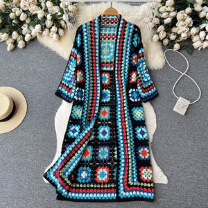 BOHO Color Blocks Crochet Cardigan long maxi cover-up-Blue Hand Home