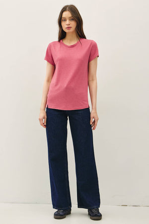 LINEN CLASSIC ROUND NECK SPLIT HEM T-SHIRT-Blue Hand Home