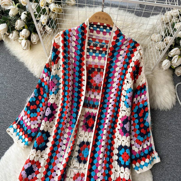 BOHO Color Blocks Crochet Cardigan long maxi cover-up-Blue Hand Home