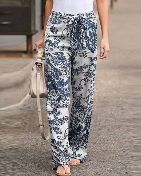 Chic Boho Floral Print Drawstring Waist Wide-Leg Trousers-Blue Hand Home