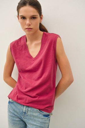 GARMENT DYE COTTON SLUB V-NECK BOXY TANK TEE-Blue Hand Home