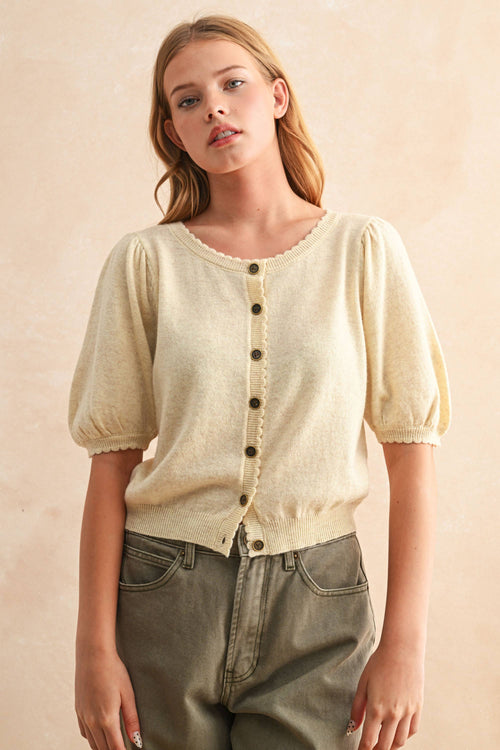 J5056 PUFF SHORT SLEEVE BUTTON DOWN KNIT CARDIGAN-Blue Hand Home