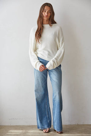 W1542 | Knit Sweater Boat Neck Long Sleeve Pullover Top
