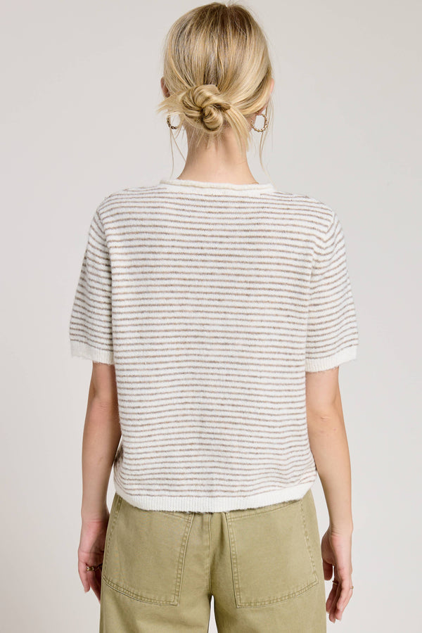 Striped Short Sleeve Button Cardigan-Blue Hand Home