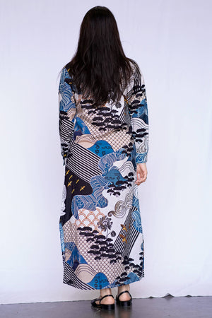 Edo Landscape Maxi Shirt Dress - Blue/Black