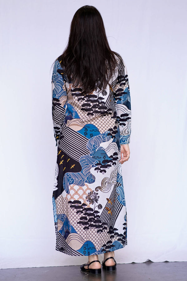 Edo Landscape Maxi Shirt Dress - Blue/Black