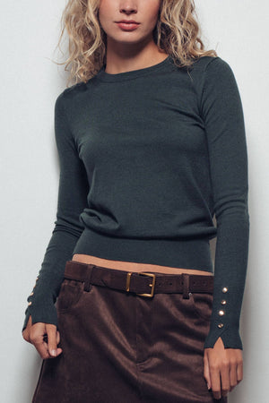 Polished Button Cuff Slim Knit Top-Blue Hand Home