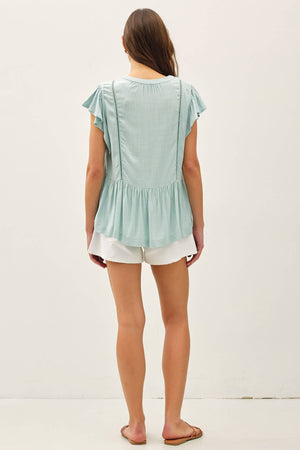 TIE FRONT RUFFLE SLEEVE TOP-Blue Hand Home