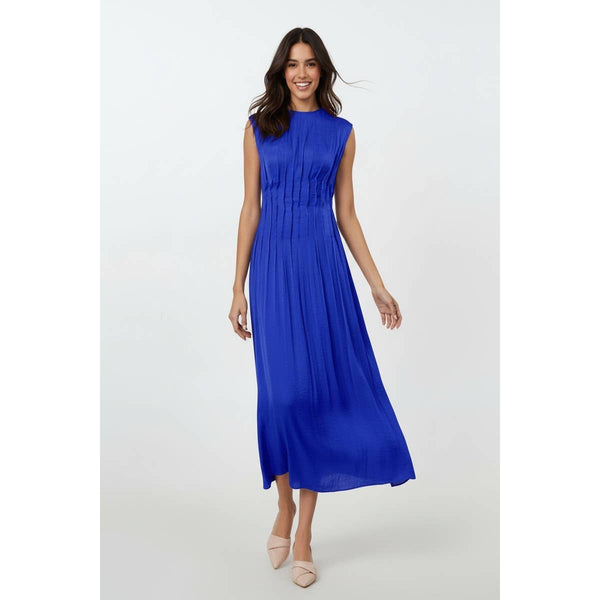 Silky Pleated Waistline Midi Dress-Blue Hand Home