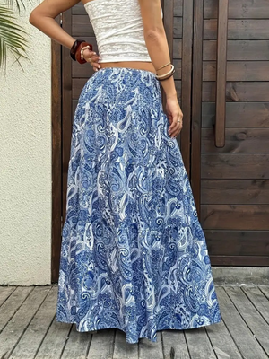 Smocked Elastic Beach Paisley Print Tiered Maxi Skirt-Blue Hand Home