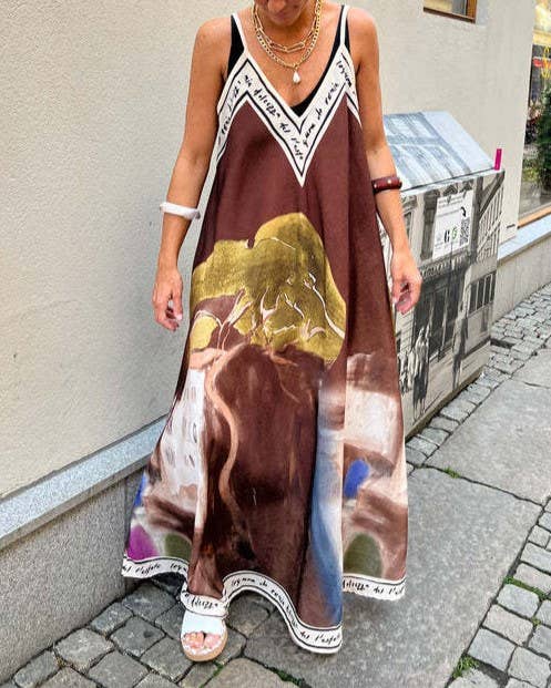 Unique Ink Landscape Print Slip Maxi Dress-Blue Hand Home