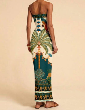 Tropical Floral Print Strapless Maxi Dress Tube Dress-Blue Hand Home