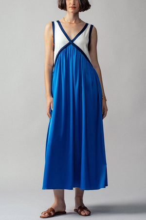 Contrast Piping Empire Waist Dress-Blue Hand Home
