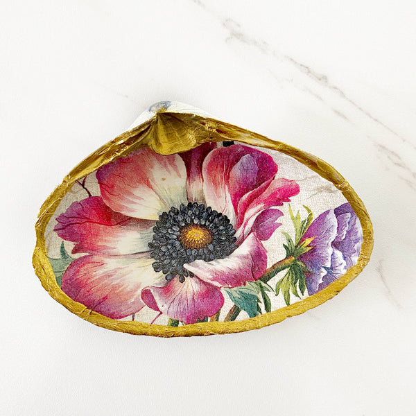 Anemone Pink Blossom Wildflower Clam Shell Trinket Dish-Blue Hand Home