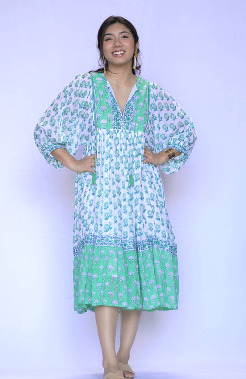 Mylah Midi Dress Block Printed Green White -Blue Hand Home