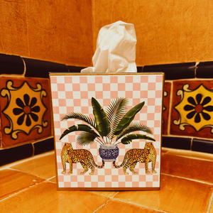 Paper Mache Kleenex box with leopards holding a vase of palm-Blue Hand Home