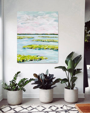 Abstract MarPrint on Paper, "Early Morning Marsh"-Blue Hand Home