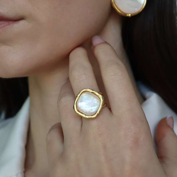 Bezel Mother of Pearl Ring - 24K Gold Plated-Blue Hand Home
