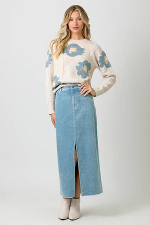 60742 Washed Front Slit Corduroy Skirt-Blue Hand Home