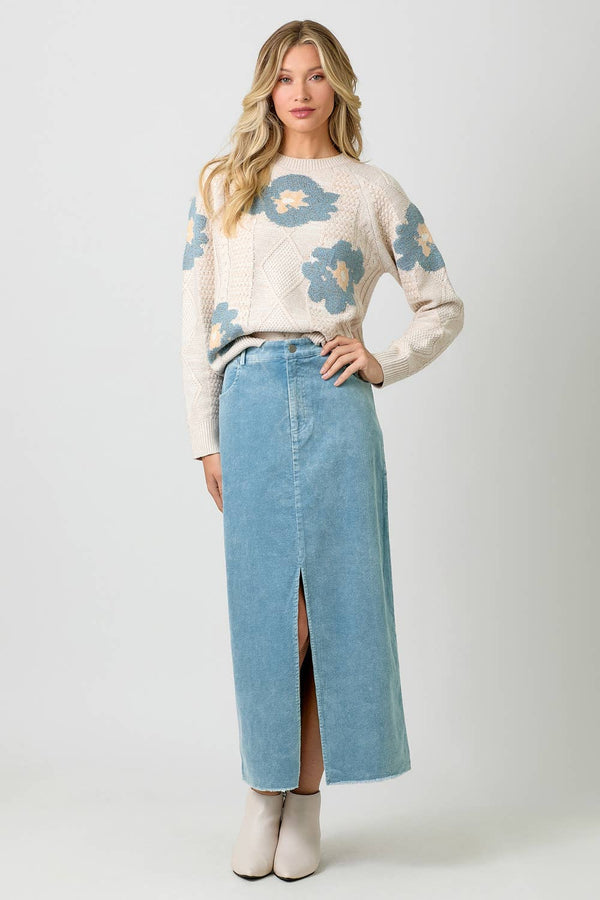 60742 Washed Front Slit Corduroy Skirt-Blue Hand Home