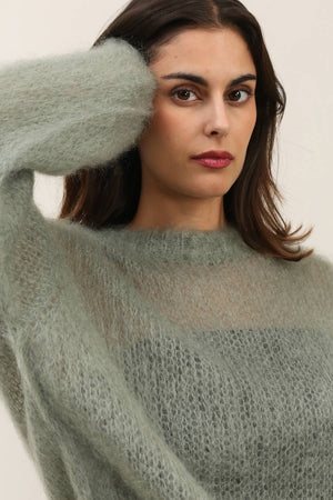 Round neck long sleeve sweater in 80% kid mohair-Blue Hand Home