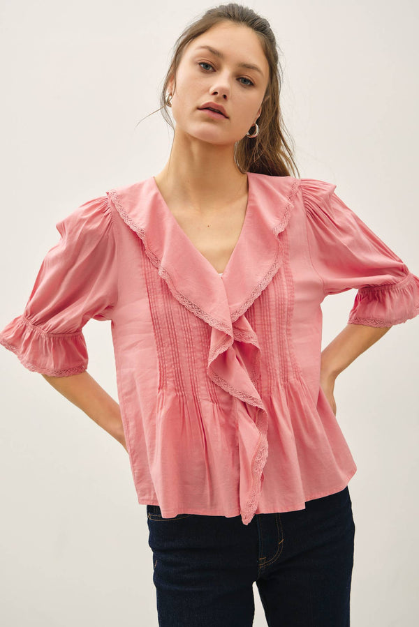 Vintage Ruffled Pintuck Blouse Top-Blue Hand Home