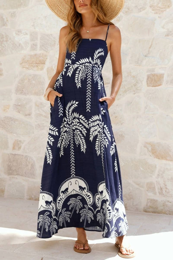 Tropical vacation palm print A-line strappy maxi dress-Blue Hand Home