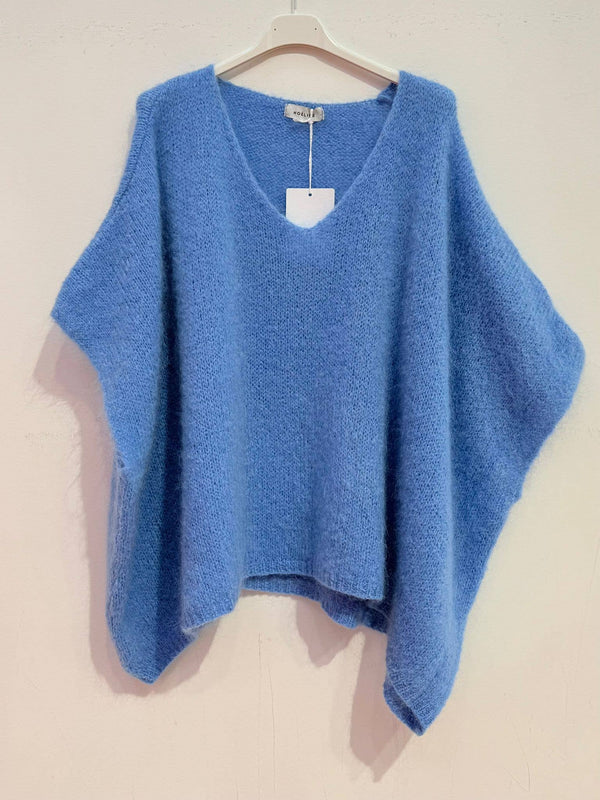 Mohair poncho sweater 7627: Pale pink-Blue Hand Home