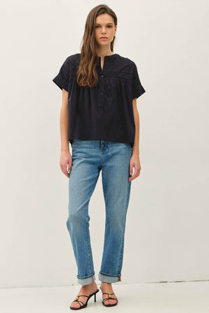 EYELET LACED OVERSIZE DOLMAN SLEEVE TOP-Blue Hand Home
