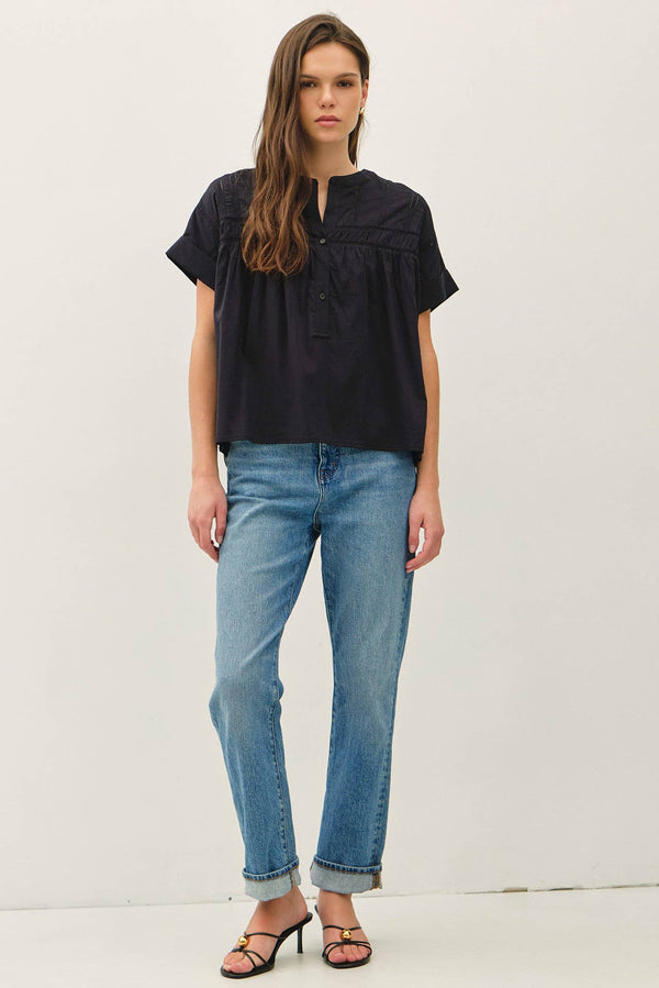 EYELET LACED OVERSIZE DOLMAN SLEEVE TOP-Blue Hand Home