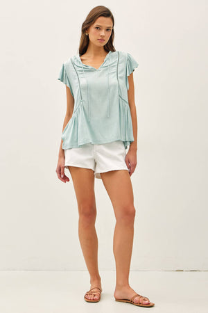 TIE FRONT RUFFLE SLEEVE TOP-Blue Hand Home