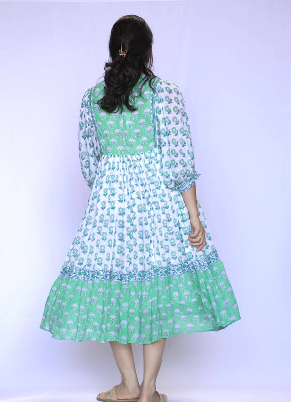 Mylah Midi Dress Block Printed Green White -Blue Hand Home