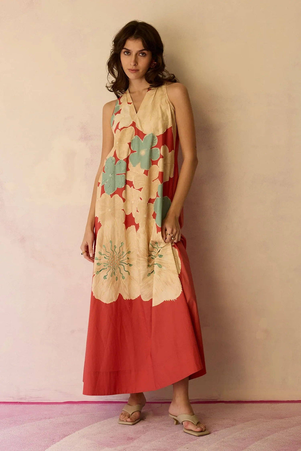 Hibiscus Anaar Soft Drape Maxi Dress - Coral-Blue Hand Home